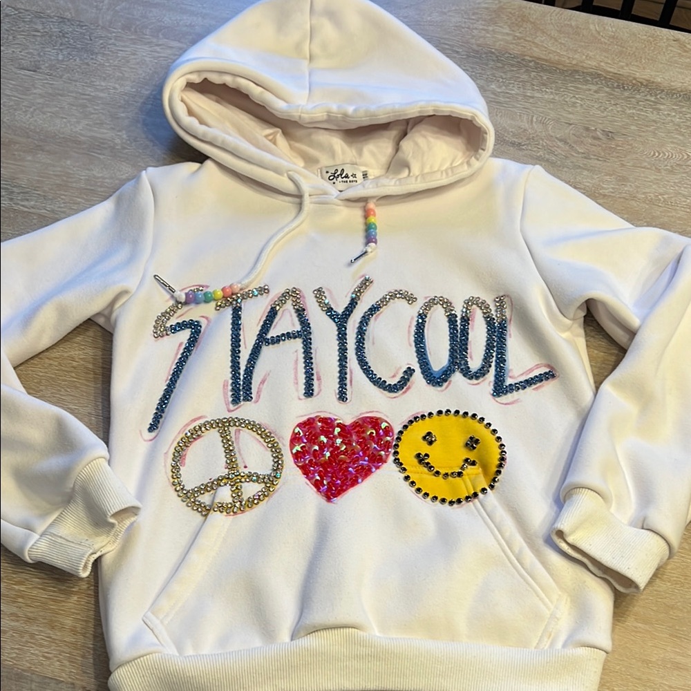 Lola + The Boys White Hoodie with Multicolor Beaded "Stay Cool" & Icons